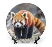 KMRHOUTIQ 10 in Bone China Decorative Plates for Wall Hanging with Display Stand Chinese Porcelain Little Red Panda Dessert Plate Display Dish Collections Ceramic Ornament Art Craft Home Office Decor