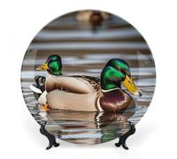 KMRHOUTIQ 10inch Bone China Decorative Plates for Wall Hanging with Display Stand Chinese Porcelain Mallard Ducks Dessert Plate Display Dish Collections Ceramic Ornament Art Craft Home Office Decor
