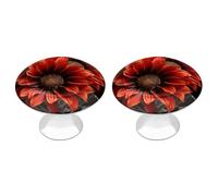 KMRHOUTIQ 2 Pack 1.1 Inch (28 Mm) Round Red Sunflower Drawer Knobs Modern Kitchen Cabinet Knob Hardware Handles Decorative Furniture Knobs for Dresser, Cupboards, Wardrobes, Bifold Door, Closet Door