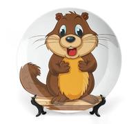 KMRHOUTIQ 6 in Bone China Decorative Plates for Wall Hanging with Display Stand Chinese Porcelain Cartoon Beaver Dessert Plate Display Dish Collections Ceramic Ornament Art Craft Home Office Decor