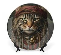 KMRHOUTIQ 6 in Bone China Decorative Plates for Wall Hanging with Display Stand Chinese Porcelain Cat Pirate Braids Dessert Plate Display Dish Collections Ceramic Ornament Art Craft Home Office Decor