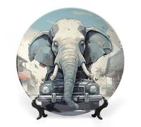 KMRHOUTIQ 6 in Bone China Decorative Plates for Wall Hanging with Display Stand Chinese Porcelain Car Elephant Dessert Plate Display Dish Collections Ceramic Ornament Art Craft Home Office Decor