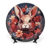 KMRHOUTIQ 6 in Bone China Decorative Plates for Wall Hanging with Display Stand Chinese Porcelain Easter Bunny Dessert Plate Display Dish Collections Ceramic Ornament Art Craft Home Office Decor