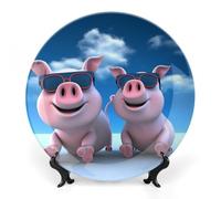 KMRHOUTIQ 6 in Bone China Decorative Plates for Wall Hanging with Display Stand Chinese Porcelain Funny Pig Dessert Plate Display Dish Collections Ceramic Ornament Art Craft Home Office Decor