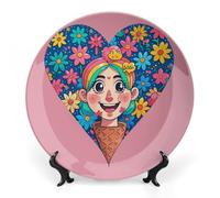 KMRHOUTIQ 6 in Bone China Decorative Plates for Wall Hanging with Display Stand Chinese Porcelain Heart Flowers Dessert Plate Display Dish Collections Ceramic Ornament Art Craft Home Office Decor