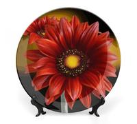 KMRHOUTIQ 6 in Bone China Decorative Plates for Wall Hanging with Display Stand Chinese Porcelain Red Sunflower Dessert Plate Display Dish Collections Ceramic Ornament Art Craft Home Office Decor