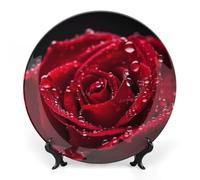 KMRHOUTIQ 6 in Bone China Decorative Plates for Wall Hanging with Display Stand Chinese Porcelain Red Rose Dessert Plate Display Dish Collections Ceramic Ornament Art Craft Home Office Decor