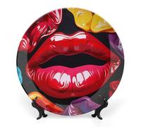 KMRHOUTIQ 6inch Bone China Decorative Plates for Wall Hanging with Display Stand Chinese Porcelain Colorful Lips Dessert Plate Display Dish Collections Ceramic Ornament Art Craft Home Office Decor