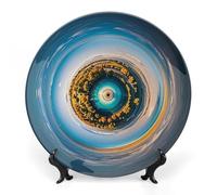 KMRHOUTIQ 6inch Bone China Decorative Plates for Wall Hanging with Display Stand Chinese Porcelain Heavenly Eye Dessert Plate Display Dish Collections Ceramic Ornament Art Craft Home Office Decor