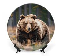 KMRHOUTIQ 7 in Bone China Decorative Plates for Wall Hanging with Display Stand Chinese Porcelain Brown Bear Dessert Plate Display Dish Collections Ceramic Ornament Art Craft Home Office Decor