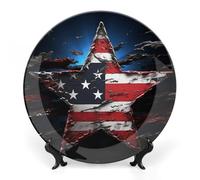 KMRHOUTIQ 7 in Bone China Decorative Plates for Wall Hanging with Display Stand Chinese Porcelain Flag Stars Dessert Plate Display Dish Collections Ceramic Ornament Art Craft Home Office Decor