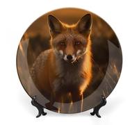 KMRHOUTIQ 7 in Bone China Decorative Plates for Wall Hanging with Display Stand Chinese Porcelain Fox in Field Dessert Plate Display Dish Collections Ceramic Ornament Art Craft Home Office Decor