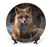 KMRHOUTIQ 7 in Bone China Decorative Plates for Wall Hanging with Display Stand Chinese Porcelain Fox in Snow Dessert Plate Display Dish Collections Ceramic Ornament Art Craft Home Office Decor