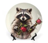 KMRHOUTIQ 7 in Bone China Decorative Plates for Wall Hanging with Display Stand Chinese Porcelain Funny Raccoon Dessert Plate Display Dish Collections Ceramic Ornament Art Craft Home Office Decor