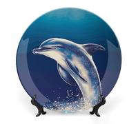 KMRHOUTIQ 7 in Bone China Decorative Plates for Wall Hanging with Display Stand Chinese Porcelain Glitter Dolphin Dessert Plate Display Dish Collections Ceramic Ornament Art Craft Home Office Decor
