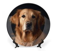 KMRHOUTIQ 7 in Bone China Decorative Plates for Wall Hanging with Display Stand Chinese Porcelain Golden Retriever Dessert Plate Display Dish Collections Ceramic Ornament Art Craft Home Office Decor