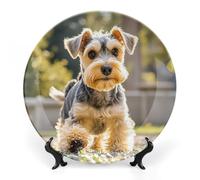 KMRHOUTIQ 7 in Bone China Decorative Plates for Wall Hanging with Display Stand Chinese Porcelain Happy Puppy Dessert Plate Display Dish Collections Ceramic Ornament Art Craft Home Office Decor
