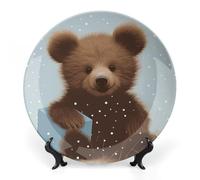 KMRHOUTIQ 7 in Bone China Decorative Plates for Wall Hanging with Display Stand Chinese Porcelain Happy Bear Dessert Plate Display Dish Collections Ceramic Ornament Art Craft Home Office Decor