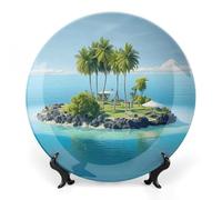 KMRHOUTIQ 7 in Bone China Decorative Plates for Wall Hanging with Display Stand Chinese Porcelain Ocean Island Dessert Plate Display Dish Collections Ceramic Ornament Art Craft Home Office Decor