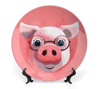 KMRHOUTIQ 7 in Bone China Decorative Plates for Wall Hanging with Display Stand Chinese Porcelain Pink Pig Dessert Plate Display Dish Collections Ceramic Ornament Art Craft Home Office Decor
