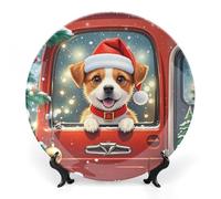 KMRHOUTIQ 7 in Bone China Decorative Plates for Wall Hanging with Display Stand Chinese Porcelain Red Truck Puppy Dessert Plate Display Dish Collections Ceramic Ornament Art Craft Home Office Decor