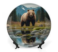 KMRHOUTIQ 7 in Bone China Decorative Plates for Wall Hanging with Display Stand Chinese Porcelain River Bear Dessert Plate Display Dish Collections Ceramic Ornament Art Craft Home Office Decor