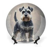 KMRHOUTIQ 7 in Bone China Decorative Plates for Wall Hanging with Display Stand Chinese Porcelain Schnauzer Dessert Plate Display Dish Collections Ceramic Ornament Art Craft Home Office Decor