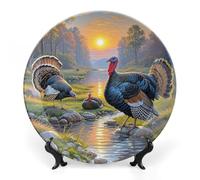 KMRHOUTIQ 7 in Bone China Decorative Plates for Wall Hanging with Display Stand Chinese Porcelain Turkey Meeting Dessert Plate Display Dish Collections Ceramic Ornament Art Craft Home Office Decor