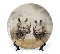 KMRHOUTIQ 7 in Bone China Decorative Plates for Wall Hanging with Display Stand Chinese Porcelain Two Rhinos Dessert Plate Display Dish Collections Ceramic Ornament Art Craft Home Office Decor