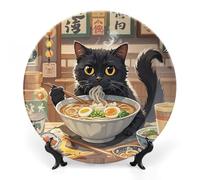 KMRHOUTIQ 7inch Bone China Decorative Plates for Wall Hanging with Display Stand Chinese Porcelain Black Cat Eating Dessert Plate Display Dish Collections Ceramic Ornament Art Craft Home Office Decor