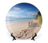 KMRHOUTIQ 7inch Bone China Decorative Plates for Wall Hanging with Display Stand Chinese Porcelain Beach Scenery Dessert Plate Display Dish Collections Ceramic Ornament Art Craft Home Office Decor