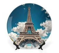 KMRHOUTIQ 7inch Bone China Decorative Plates for Wall Hanging with Display Stand Chinese Porcelain Iron Tower Dessert Plate Display Dish Collections Ceramic Ornament Art Craft Home Office Decor