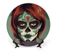 KMRHOUTIQ 7inch Bone China Decorative Plates for Wall Hanging with Display Stand Chinese Porcelain Skull Makeup Dessert Plate Display Dish Collections Ceramic Ornament Art Craft Home Office Decor