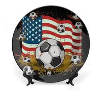 KMRHOUTIQ 7inch Bone China Decorative Plates for Wall Hanging with Display Stand Chinese Porcelain Soccer USA Flag Dessert Plate Display Dish Collections Ceramic Ornament Art Craft Home Office Decor