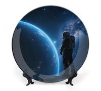 KMRHOUTIQ 7inch Bone China Decorative Plates for Wall Hanging with Display Stand Chinese Porcelain Space Astronaut Dessert Plate Display Dish Collections Ceramic Ornament Art Craft Home Office Decor