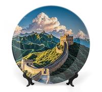 KMRHOUTIQ 7inch Bone China Decorative Plates for Wall Hanging with Display Stand Chinese Porcelain The Great Wall Dessert Plate Display Dish Collections Ceramic Ornament Art Craft Home Office Decor