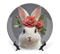 KMRHOUTIQ 8 in Bone China Decorative Plates for Wall Hanging with Display Stand Chinese Porcelain Bunny with Rose Dessert Plate Display Dish Collections Ceramic Ornament Art Craft Home Office Decor
