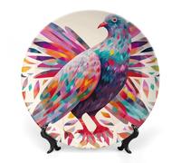 KMRHOUTIQ 8 in Bone China Decorative Plates for Wall Hanging with Display Stand Chinese Porcelain Colorful Pigeon Dessert Plate Display Dish Collections Ceramic Ornament Art Craft Home Office Decor