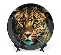 KMRHOUTIQ 8 in Bone China Decorative Plates for Wall Hanging with Display Stand Chinese Porcelain Leopard Dessert Plate Display Dish Collections Ceramic Ornament Art Craft Home Office Decor