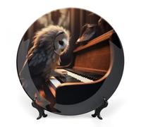 KMRHOUTIQ 8 in Bone China Decorative Plates for Wall Hanging with Display Stand Chinese Porcelain Owl Plays Piano Dessert Plate Display Dish Collections Ceramic Ornament Art Craft Home Office Decor