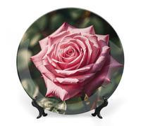 KMRHOUTIQ 8 in Bone China Decorative Plates for Wall Hanging with Display Stand Chinese Porcelain Pink Rose Dessert Plate Display Dish Collections Ceramic Ornament Art Craft Home Office Decor
