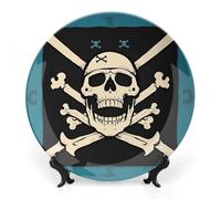 KMRHOUTIQ 8 in Bone China Decorative Plates for Wall Hanging with Display Stand Chinese Porcelain Pirate Flag Skull Dessert Plate Display Dish Collections Ceramic Ornament Art Craft Home Office Decor