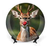 KMRHOUTIQ 8 in Bone China Decorative Plates for Wall Hanging with Display Stand Chinese Porcelain Red-nosed Deer Dessert Plate Display Dish Collections Ceramic Ornament Art Craft Home Office Decor