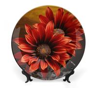 KMRHOUTIQ 8 in Bone China Decorative Plates for Wall Hanging with Display Stand Chinese Porcelain Red Sunflower Dessert Plate Display Dish Collections Ceramic Ornament Art Craft Home Office Decor