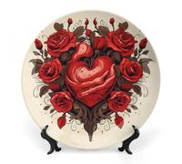 KMRHOUTIQ 8 in Bone China Decorative Plates for Wall Hanging with Display Stand Chinese Porcelain Rose Heart Shape Dessert Plate Display Dish Collections Ceramic Ornament Art Craft Home Office Decor