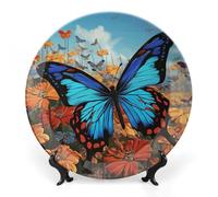 KMRHOUTIQ 8inch Bone China Decorative Plates for Wall Hanging with Display Stand Chinese Porcelain Big Butterfly Dessert Plate Display Dish Collections Ceramic Ornament Art Craft Home Office Decor