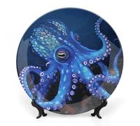 KMRHOUTIQ 8inch Bone China Decorative Plates for Wall Hanging with Display Stand Chinese Porcelain Blue Octopus Dessert Plate Display Dish Collections Ceramic Ornament Art Craft Home Office Decor