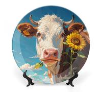 KMRHOUTIQ 8inch Bone China Decorative Plates for Wall Hanging with Display Stand Chinese Porcelain Cow Sunflowers Dessert Plate Display Dish Collections Ceramic Ornament Art Craft Home Office Decor