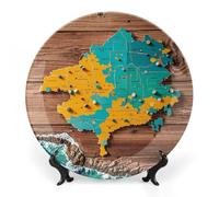 KMRHOUTIQ 8inch Bone China Decorative Plates for Wall Hanging with Display Stand Chinese Porcelain Map on Wooden Dessert Plate Display Dish Collections Ceramic Ornament Art Craft Home Office Decor