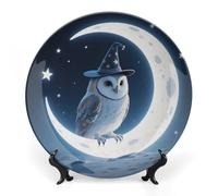 KMRHOUTIQ 8inch Bone China Decorative Plates for Wall Hanging with Display Stand Chinese Porcelain Magic - Hat Owl Dessert Plate Display Dish Collections Ceramic Ornament Art Craft Home Office Decor